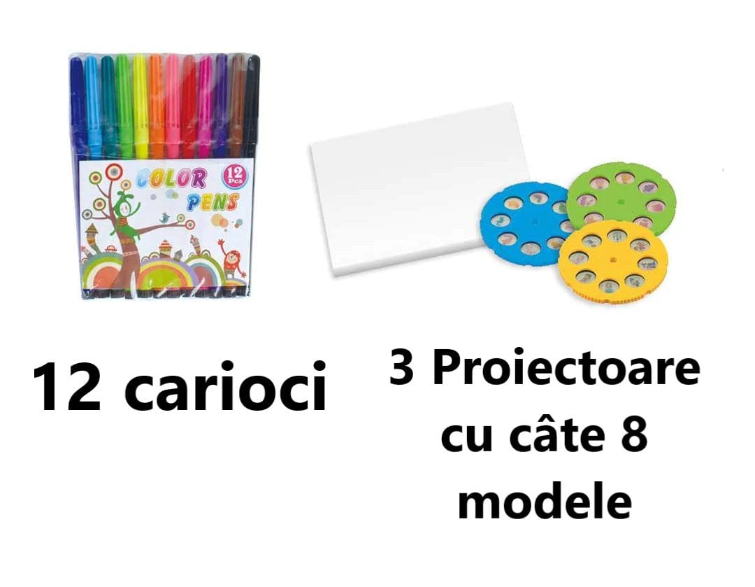 Resigilat - Set Masuta pentru Desen cu Proiector Holografic si Accesorii, 3 Discuri cu 24 Modele, Unicorn, 12 Carioci, Mov, 32x29.5x23 Cm, + 3 Ani - LUDIRO