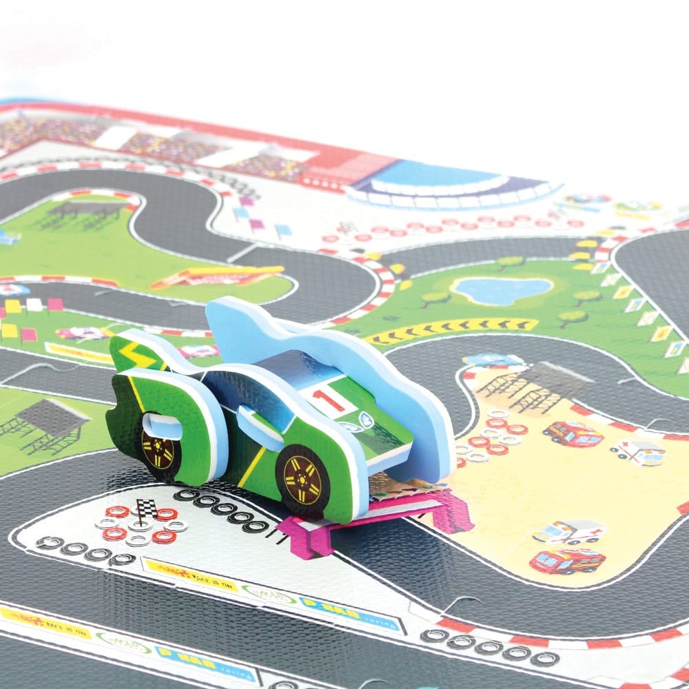 Covor Puzzle din Spuma EVA pentru Copii Ludiro, Set 9 Piese Educationale cu Circuit de Curse, Masinuta 3D - LUDIRO