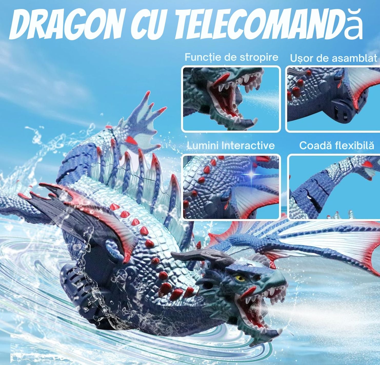 Dragon Interactiv de Apă cu Telecomandă, Funcție Stropire, Lumini, Acumulator Reîncărcabil, 43 cm, Jucărie Piscină, Albastru - LUDIRO