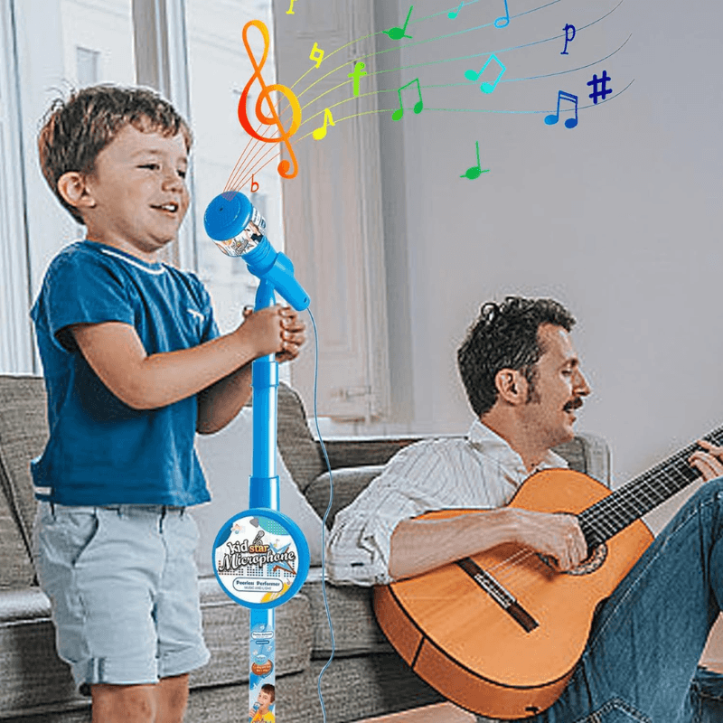 Microfon Karaoke pentru Copii cu Stativ Reglabil, Sunete, Lumini si Functie MP3, Albastru - LUDIRO