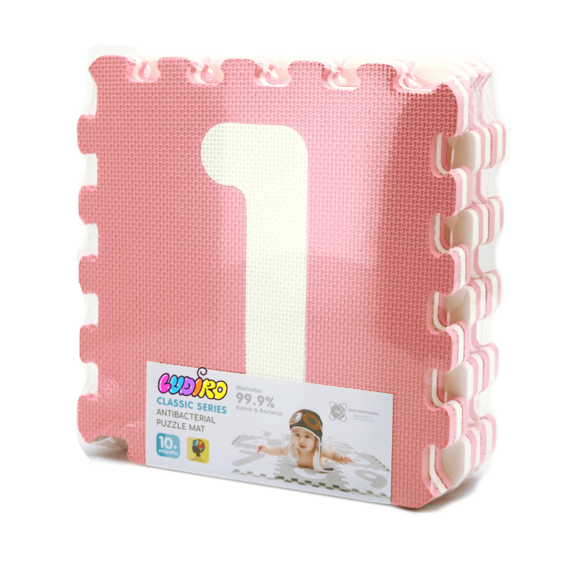 Covor Puzzle Antibacterian cu Cifre 1-9, 9 Piese 32x32 cm, Spuma EVA cu Ioni de Argint, Alb Roz - LUDIRO