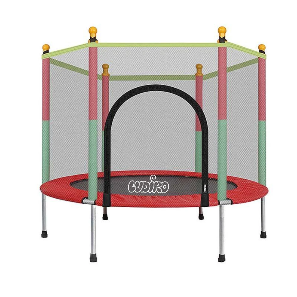 Trambulină pentru Copii 140 Cm cu Plasă de Protecție, Interior și Exterior, 1–6 ani, Montaj cu Buton de Blocare, Certificare de Siguranta, Rosu Verde - LUDIRO