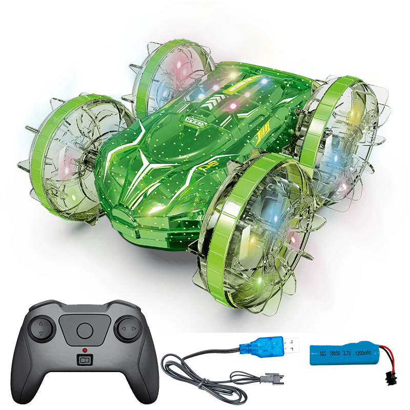 Masinuta RC Amfibie pentru Copii Ludiro, Rotire 360°, Lumini LED, Acumulator USB, Merge si pe Apa si Uscat, Verde, + 5 Ani - LUDIRO