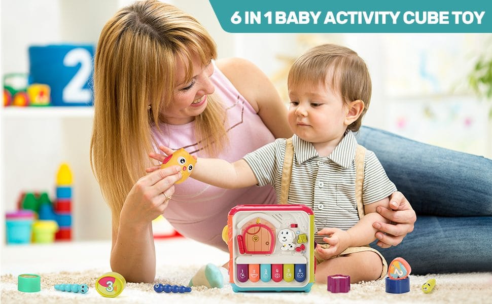 Jucarie Interactiva pentru Bebelusi, Cub Activitati 6 in 1, Muzica si Lumini, Multifunctional, 20x20x20 cm, + 3 Luni - LUDIRO