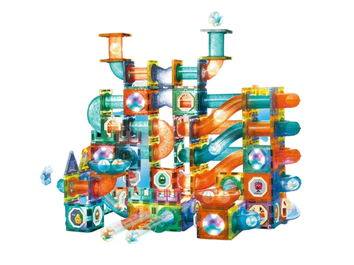 Resigilat - Set de Constructie, Blocuri Magnetice STEAM 3D Educationale, Circuit cu Bile, Lumini Led Interactive, 2 Figurine, Multiple Moduri de Construit, 292 piese, Multicolor, + 3 Ani - LUDIRO
