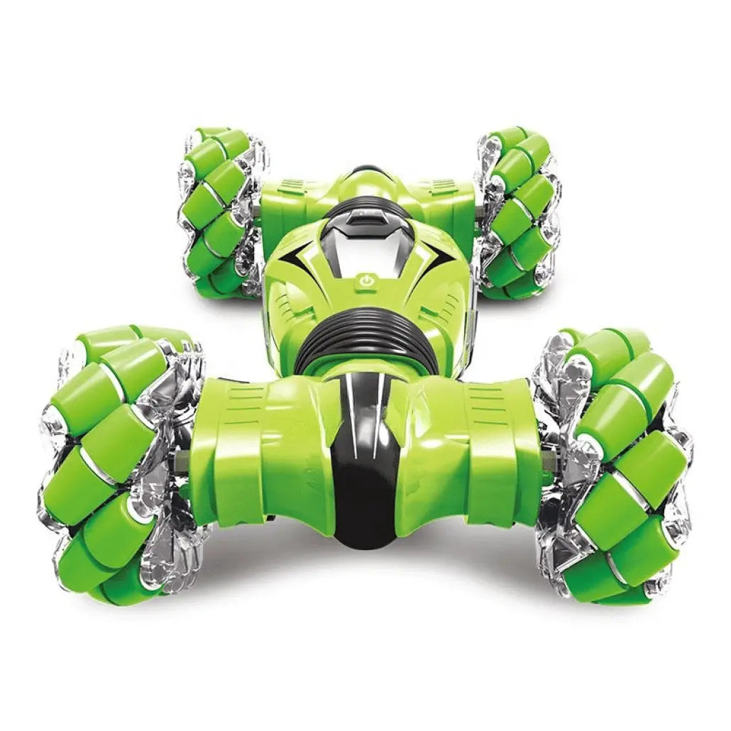 Masinuta de Cascadorii cu 2 Telecomenzi, Comanda Senzoriala prin Gesturi, 2.4 Ghz, Tractiune 4x4, Rotire 360 Grade, Lumini si Sunete Interactive, Flexibila, 1:12, Acumulator, Verde, 32x20x9 cm, + 6 An - LUDIRO