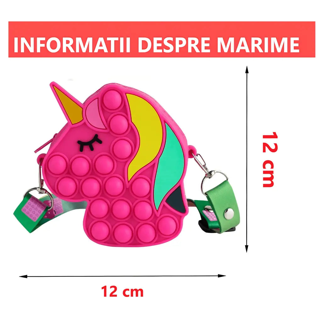 Jucarie Interactiva Antistres Tip Gentuta de Umar Pop IT NOW din Silicon, Cu Fermoar si Curea, Model Unicorn, 12X12X4 cm, Fuchsia, + 3 Ani - LUDIRO
