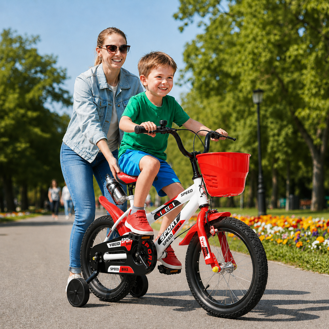 Bicicleta pentru copii 16 inch pentru 4–8 ani, alb rosu, cu roti ajutatoare, cos si bidon pentru apa - LUDIRO