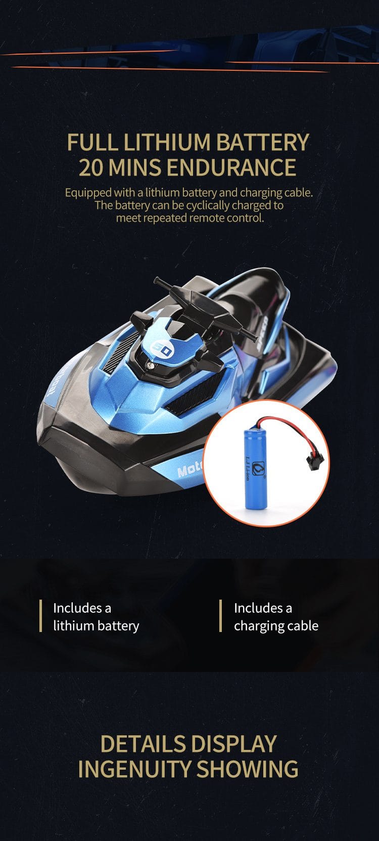 Barca cu Telecomanda, Skijet, Scara 1:47, Motor Dual, Rotatie 360 Grade, Viteza Maxima 15 km/h, Acumulator cu Incarcare USB, 22.5x9x9 Cm, Albastru, + 14 Ani - LUDIRO