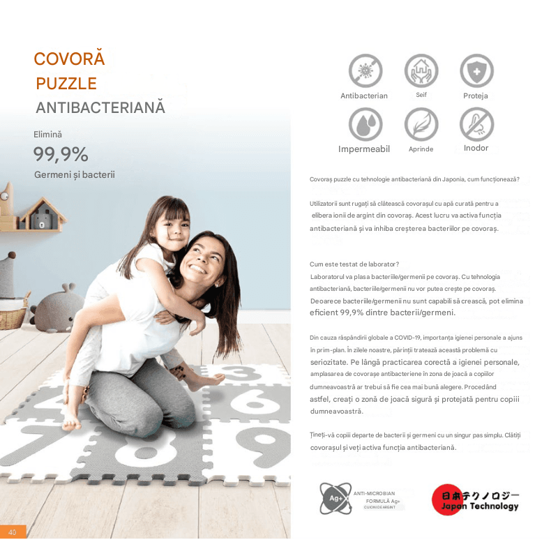 Covor Puzzle Antibacterian LUDIRO cu Cifre 1-9, 9 Piese 32x32 cm, Spuma EVA cu Ioni de Argint, Alb Bleu - LUDIRO
