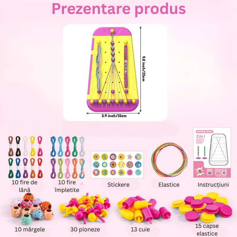 Set Creativ Bratarile Prieteniei 2 in 1 cu Razboi de Tesut, Margele, Fire si Accesorii Colorate, Ludiro, +6 Ani - LUDIRO