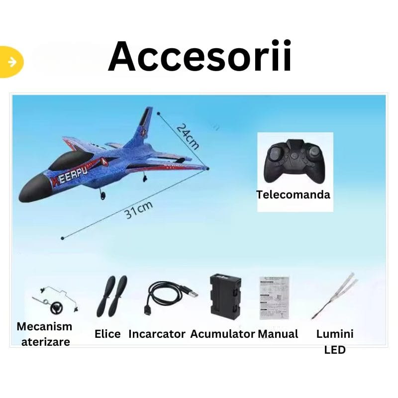 Avion RC din Spuma cu Telecomanda, Rezistent la Impact, Incarcator USB, LED, Control de la distanta 200 metri, Jucarie pentru Copii si Adulti, + 10 Ani - LUDIRO