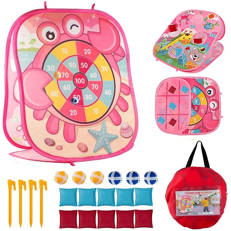 Joc Interactiv 3 în 1 pentru Copii – Țintă Darts cu Bile cu Scai, Pernuțe de Aruncat în Gaură, Bean Bags pentru X și 0, Pliabil cu Husă și Accesorii Fixare, 59x31.5x48.5 cm, Model Crab Roz - LUDIRO