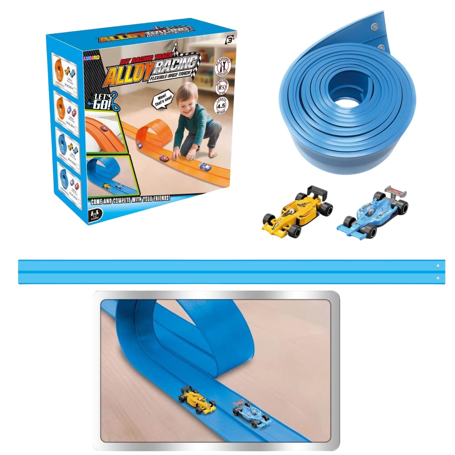 Pistă Auto Flexibilă Ludiro 4.5m, 2 Benzi, Prindere Ventuze, Compatibilă 1:64, Albastru - LUDIRO
