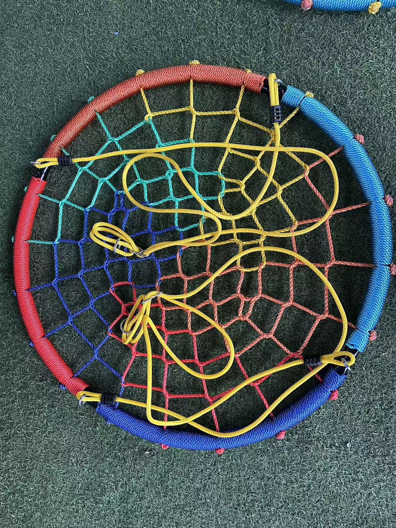 Leagăn rotund tip cuib din frânghii pentru copii, 100 cm, reglabil 120–180 cm, cadru din oțel, max. 150 kg - LUDIRO