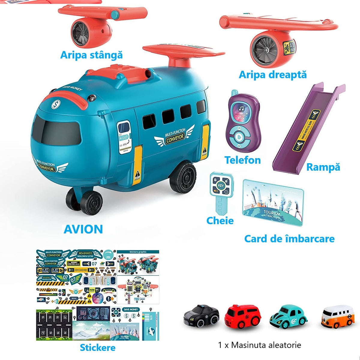 Resigilat - Avion Transformabil Multifunctional, Simulator de Zbor si Condus, Sunete Realiste, 1 Masinuta, Pusculita, Albastru Rosu, 30x29.5x19.5 Cm, + 3 Ani - LUDIRO