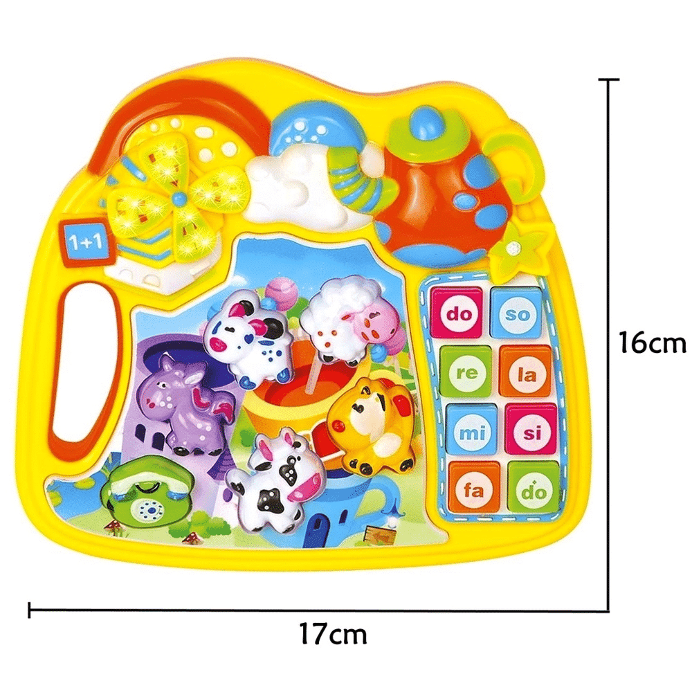 Jucarie Interactiva Bebelusi, Ferma Animalelor, Cu Lumini si Sunete, 4 Functii, Note Muzicale, Galben, 17x16x4 Cm - LUDIRO
