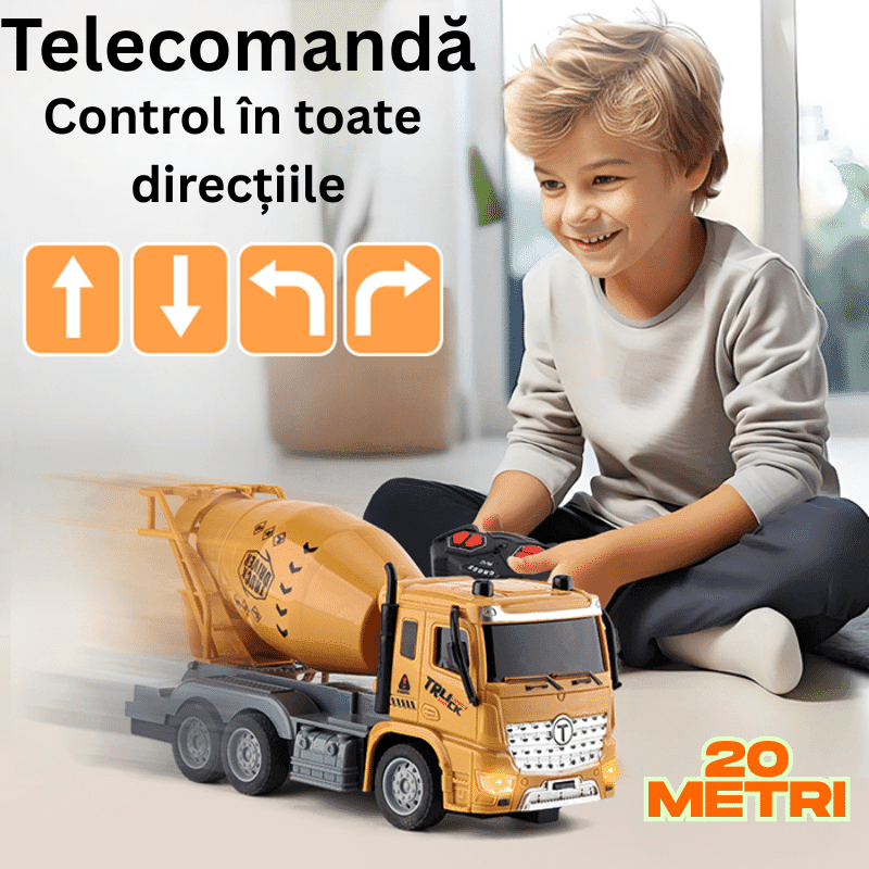 Betoniera cu telecomanda RC LUDIRO, Camion realist 1:20 cu Rezervor Rotativ 360°, Sunete, Lumini si Control Complet, Ideal pentru Copii Pasionati de Constructii - LUDIRO