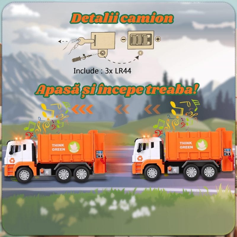 Camion de Gunoi Interactiv Pull Back cu Lumini si Sunete Realiste, Usi mobile, 4 Containere, Stimuleaza Imaginatia si Invata Despre Protectia Mediului, 31x16x10 Cm, Alb Portocaliu, +3 Ani - LUDIRO