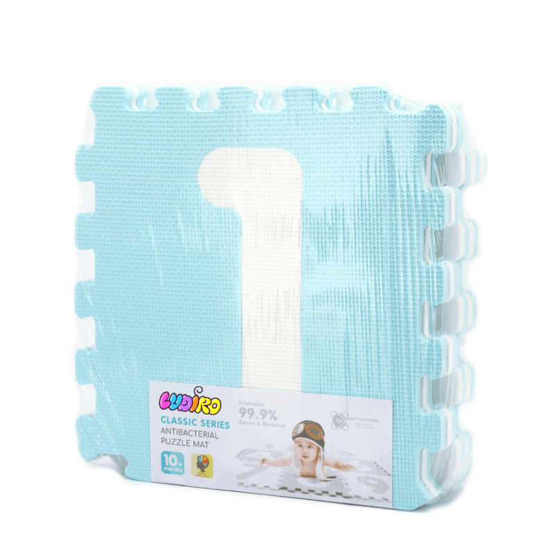 Covor Puzzle Antibacterian LUDIRO cu Cifre 1-9, 9 Piese 32x32 cm, Spuma EVA cu Ioni de Argint, Alb Bleu - LUDIRO