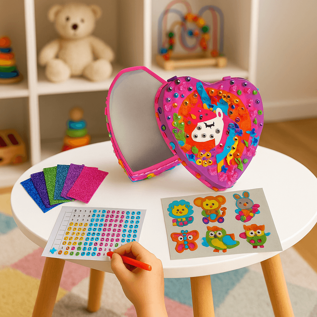 Set Artizanat pentru Copii – Cutie de Bijuterii Inimioară cu Mozaic pe Numere și Stickere cu Animale – 595 Piese, Activitate Creativă 5+ Ani – 12x13x5.5 cm - LUDIRO