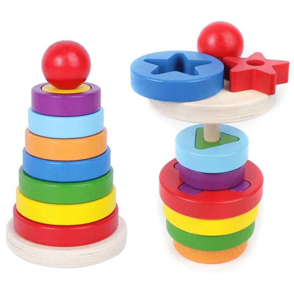 Jucarie din Lemn Educativa de Stivuire cu Forme Geometrice, Turn Montessori, + 3 Ani, 15.5x9 cm - LUDIRO