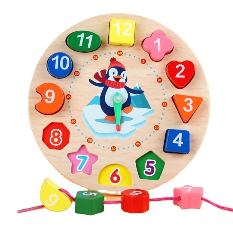 Ceas Educativ din lemn pentru Copii, Cifre Detasabile, Puzzle si Joc de Snuruit, Pinguin, + 3 Ani - LUDIRO
