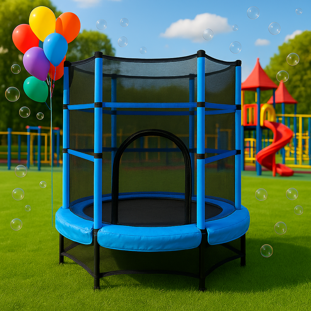 Resigilat - Trambulina pentru Copii LUDIRO, Diametru 140 Cm, Inaltime 160 Cm, Cu Plasa de Siguranta, Suporta 100 kg, Interior sau Exterior, Pentru Dezvoltarea Echilibrului, Albastra, + 3 Ani - LUDIRO