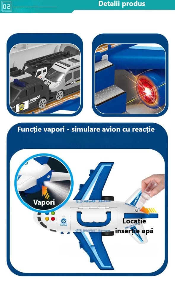 Resigilat - Set Avion Multifunctional, 3 Masinute Metalice, Lumini si Sunete Interactive, Functie Vapori, Semne de Circulatie, Alb Albastru, 35x32x17 Cm, + 3 Ani - LUDIRO