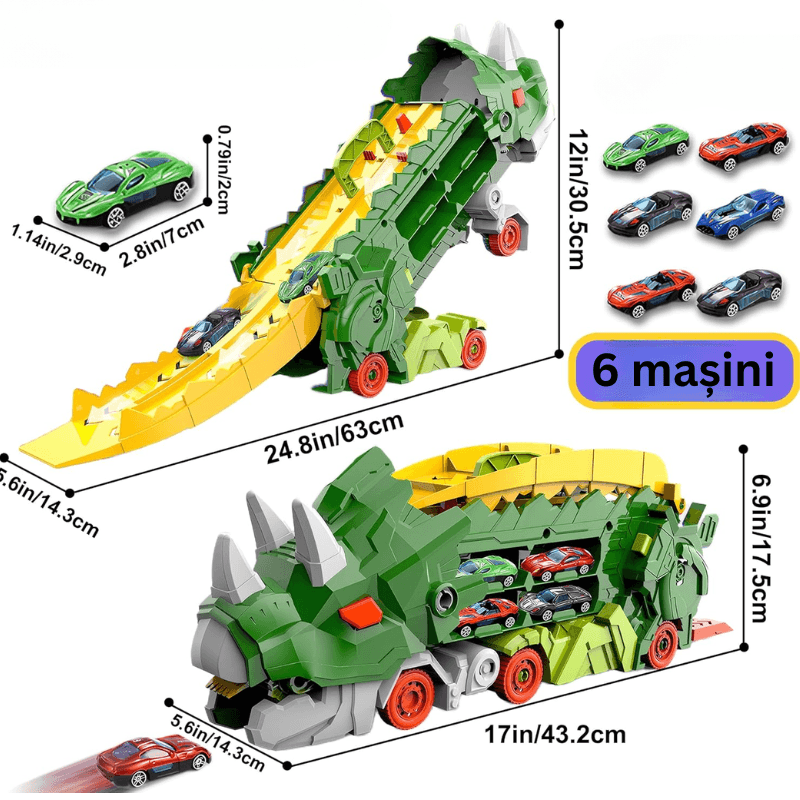 Resigilat - Set Multifunctional Dinozaur 2-in-1, Camion de Transport si Rampa de Lansare cu 6 Masinute, Distractie, Educatie si Dezvoltarea Creativitatii pentru Copii, + 3 Ani, Verde Portocaliu, Utility One - LUDIRO