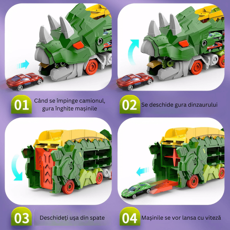 Resigilat - Set Multifunctional Dinozaur 2-in-1, Camion de Transport si Rampa de Lansare cu 6 Masinute, Distractie, Educatie si Dezvoltarea Creativitatii pentru Copii, + 3 Ani, Verde Portocaliu, Utility One - LUDIRO