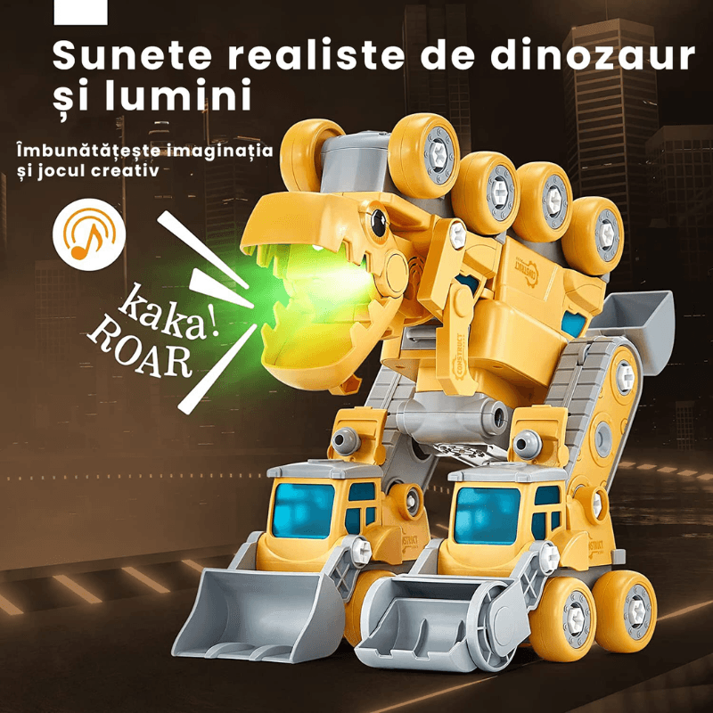 Dinozaur Transformabil 5 in 1 cu Vehicule de Constructii STEM, Sunete si Lumini - LUDIRO