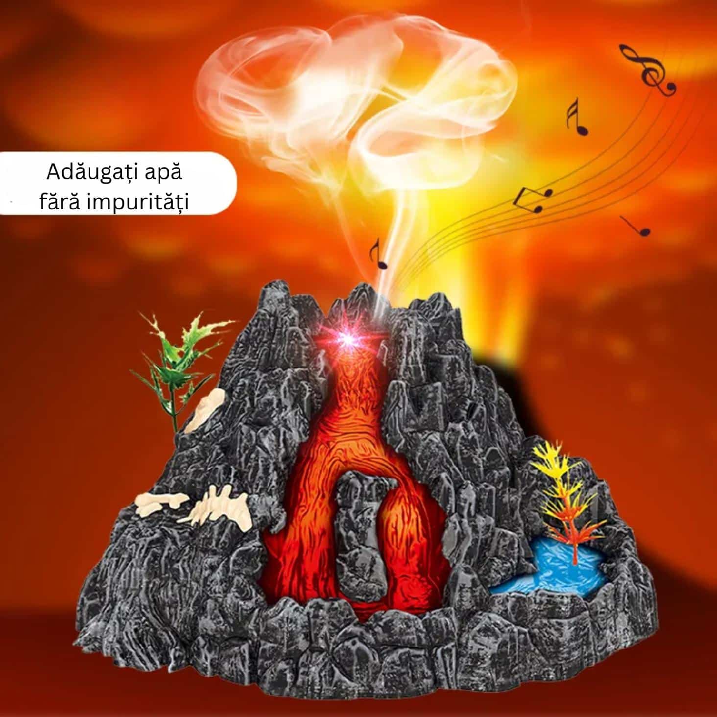 Set Interactiv Vulcan, 6 Dinozauri, Functie Eruptie cu Abur, Lumini Led, Sunete Realiste, Material Rezistent 18x17x11 Cm, +3 Ani - LUDIRO