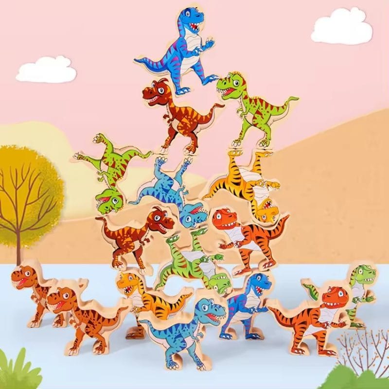 Set jucarii Educationale din Lemn, Dinozauri de Stivuit pentru Copii, Stimuleaza Creativitatea, Echilibrul si Abilitatile Motorii Fine, + 3 Ani - LUDIRO