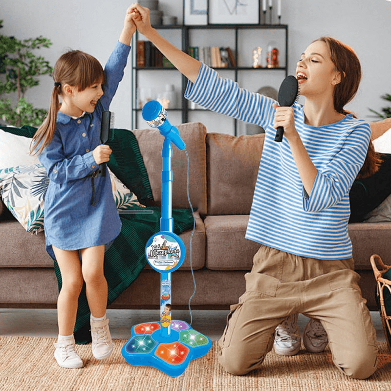Microfon Karaoke pentru Copii cu Stativ Reglabil, Sunete, Lumini si Functie MP3, Albastru - LUDIRO
