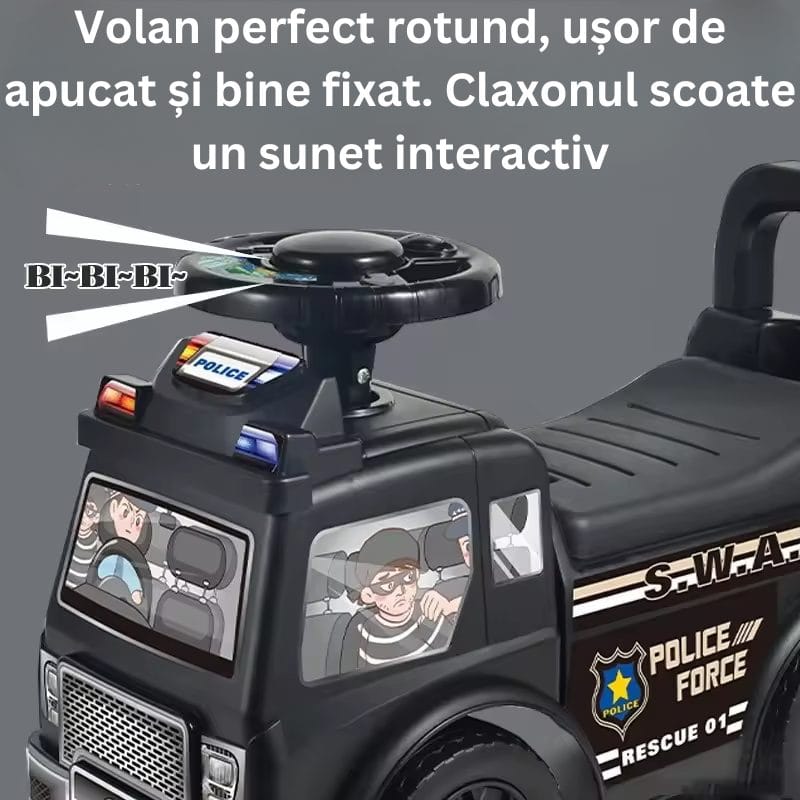 Resigilat - Masinuta Ride On pentru Copii, Politie, Margini Rotunjite, Cu Spatar, Volan si Claxon, 52.5x22.5x37 Cm, +3 Ani - LUDIRO