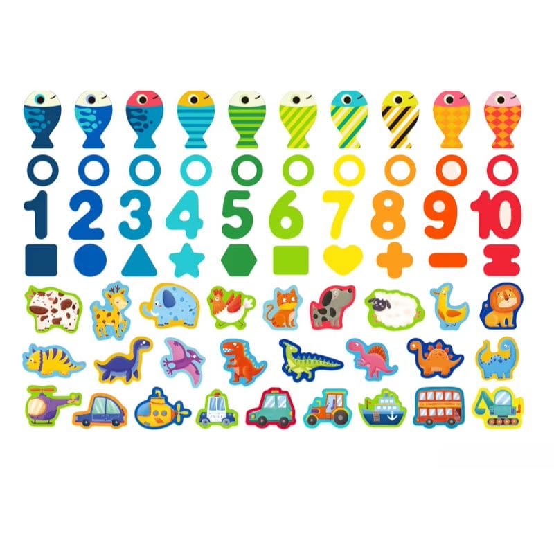 Jucarie Educativa Multifunctionala Montessori, Puzzle din Lemn cu Cifre, Forme, Animale, Dinozauri si Vehicule pentru Dezvoltarea Cognitiva, Ideal pentru Copii Prescolari, 40x22.5 Cm, + 3 Ani - LUDIRO