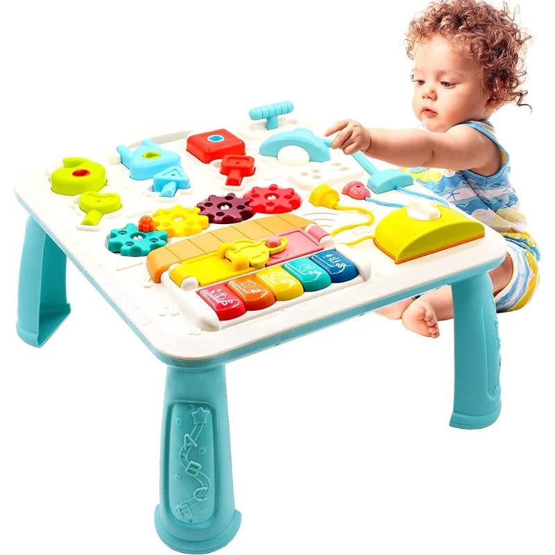 Masuta Educativa cu Activitati Montessori 2 in 1, Jucarie Muzicala, Lampa LED, Prajitor de Paine, Pian, Numere, Culori si Forme, Elemente Mobile, Volum Reglabil, + 1 An - LUDIRO