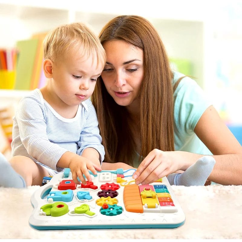 Masuta Educativa cu Activitati Montessori 2 in 1, Jucarie Muzicala, Lampa LED, Prajitor de Paine, Pian, Numere, Culori si Forme, Elemente Mobile, Volum Reglabil, + 1 An - LUDIRO
