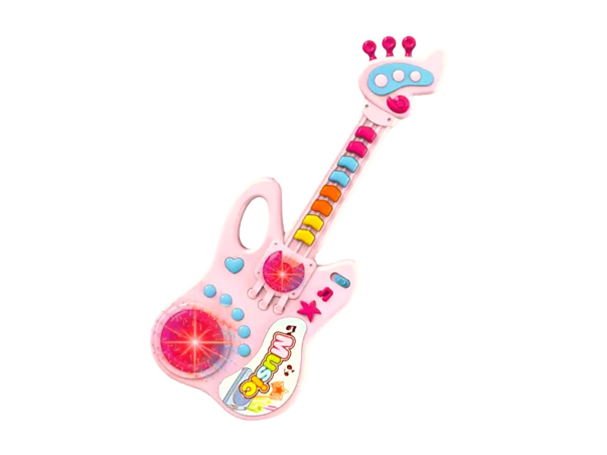 Resigilat - Jucarie Interactiva Chitara cu Panou Muzical si Luminos, Functii Multiple, Roz, 36x13.5x3 cm, +2 Ani - LUDIRO