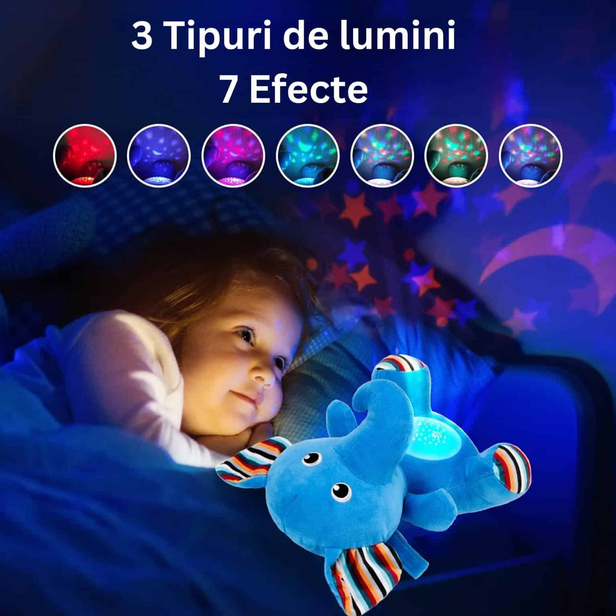 Jucarie de Plus, Elefant, Efecte de Proiectie, Lumini si Sunete pentru Bebelusi, Diferite Functii, 29 Cm, + 0 Luni - LUDIRO