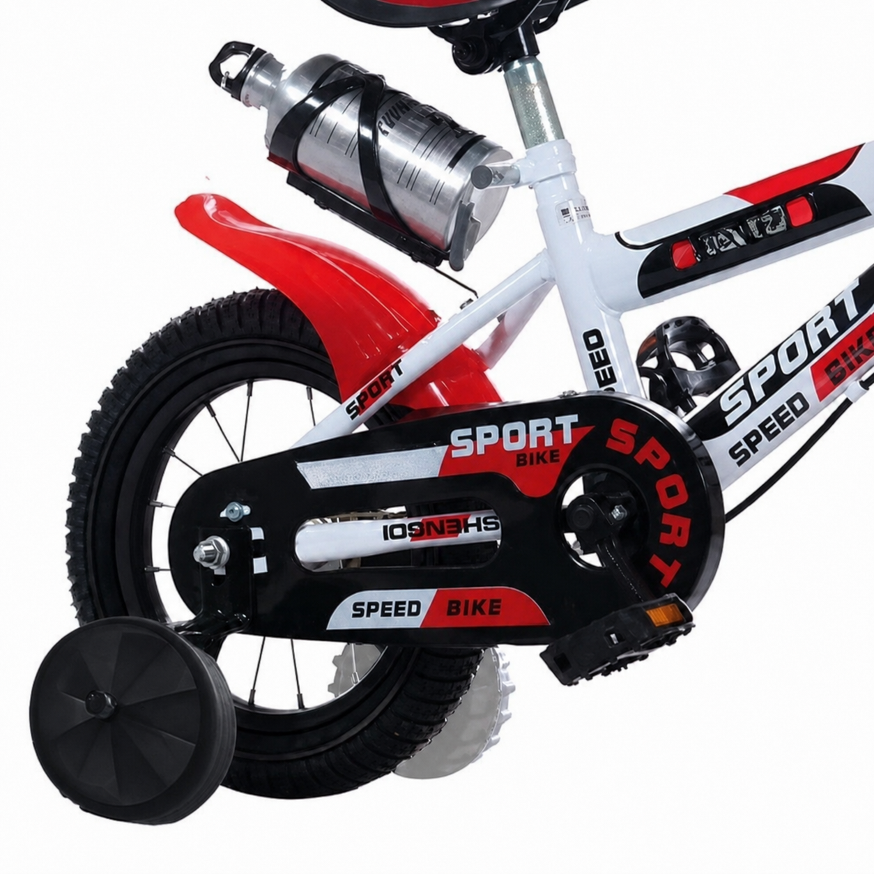 Bicicleta pentru copii 16 inch pentru 4–8 ani, alb rosu, cu roti ajutatoare, cos si bidon pentru apa - LUDIRO