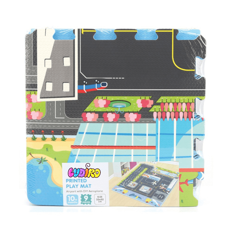 Covor Puzzle din Spuma EVA pentru Copii Ludiro, Set 9 Piese Educationale cu Aeroport, Avion 3D de Asamblat - LUDIRO