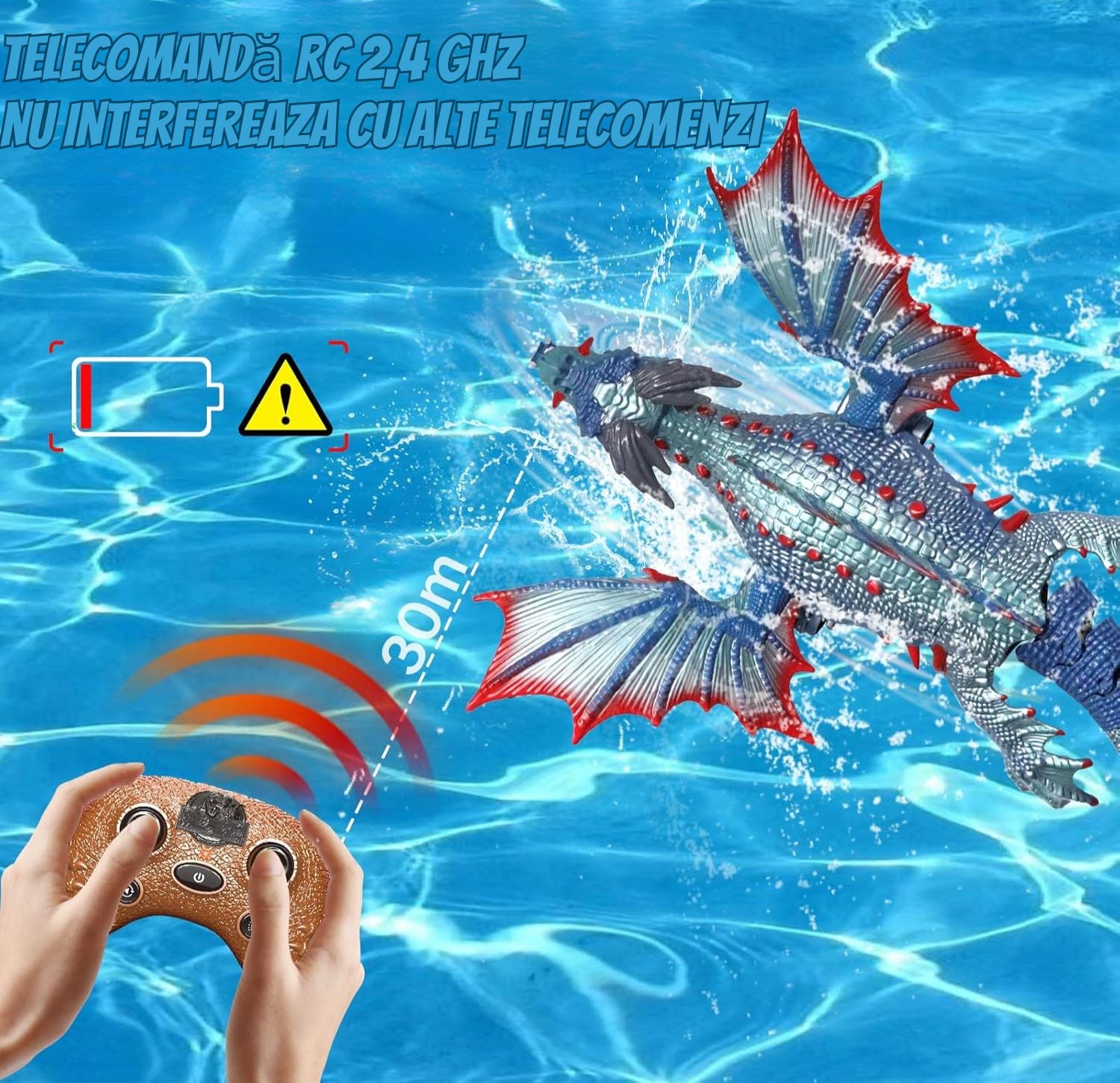 Dragon Interactiv de Apă cu Telecomandă, Funcție Stropire, Lumini, Acumulator Reîncărcabil, 43 cm, Jucărie Piscină, Albastru - LUDIRO