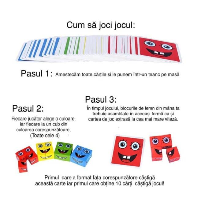 Set 16 Cuburi de Constructie din Lemn, 4 Jucatori, 64 Posibilitati cu Cartonase, Imita Expresii Faciale si Emotii, +3 Ani - LUDIRO