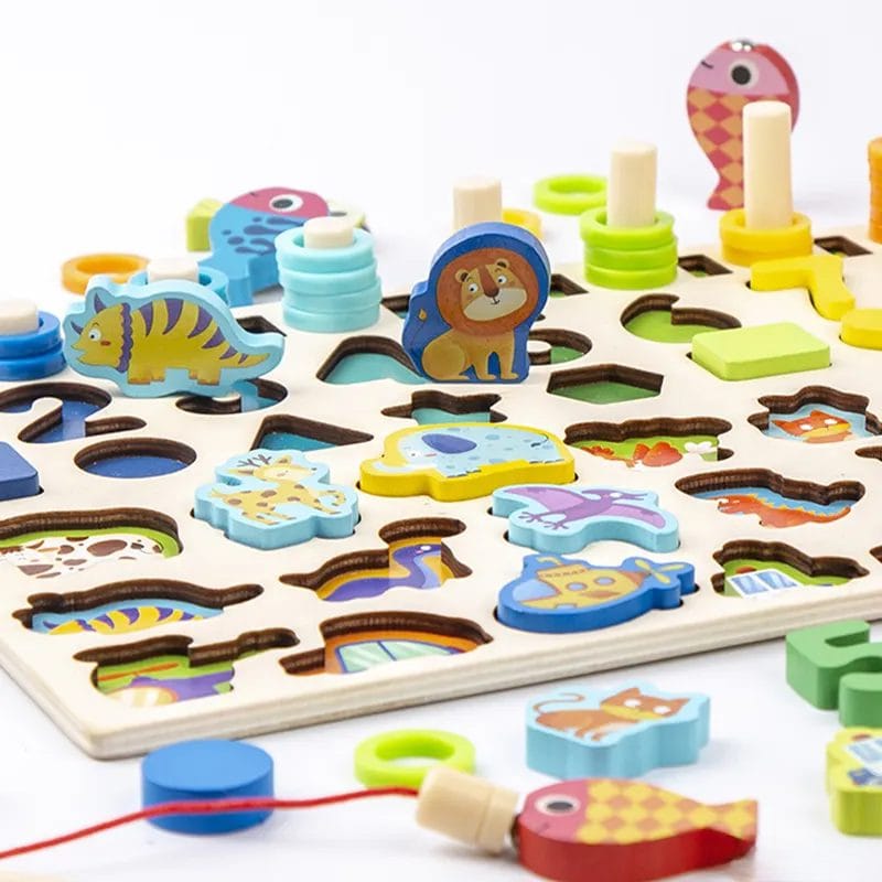 Jucarie Educativa Multifunctionala Montessori, Puzzle din Lemn cu Cifre, Forme, Animale, Dinozauri si Vehicule pentru Dezvoltarea Cognitiva, Ideal pentru Copii Prescolari, 40x22.5 Cm, + 3 Ani - LUDIRO