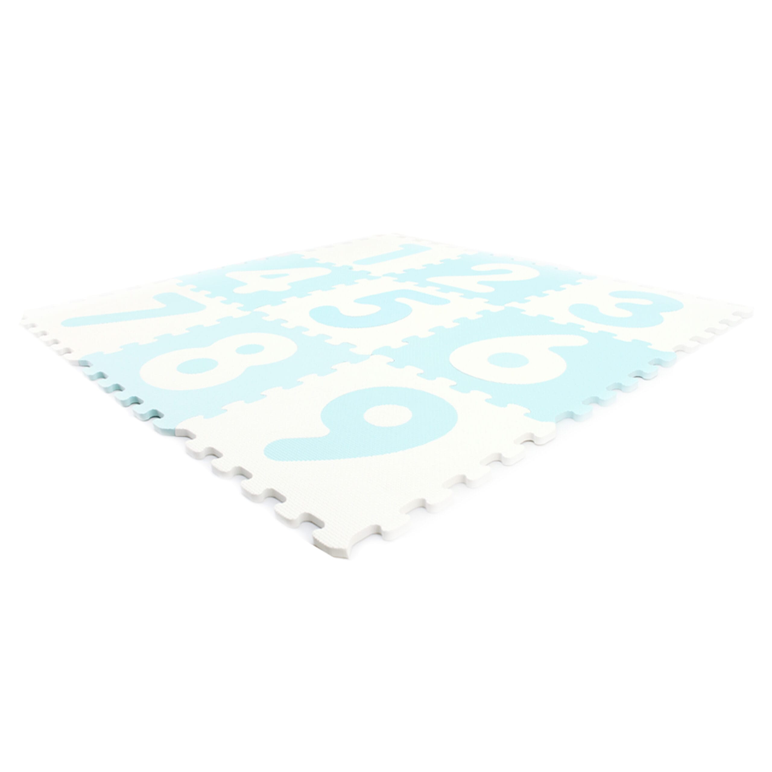 Covor Puzzle Antibacterian LUDIRO cu Cifre 1-9, 9 Piese 32x32 cm, Spuma EVA cu Ioni de Argint, Alb Bleu - LUDIRO
