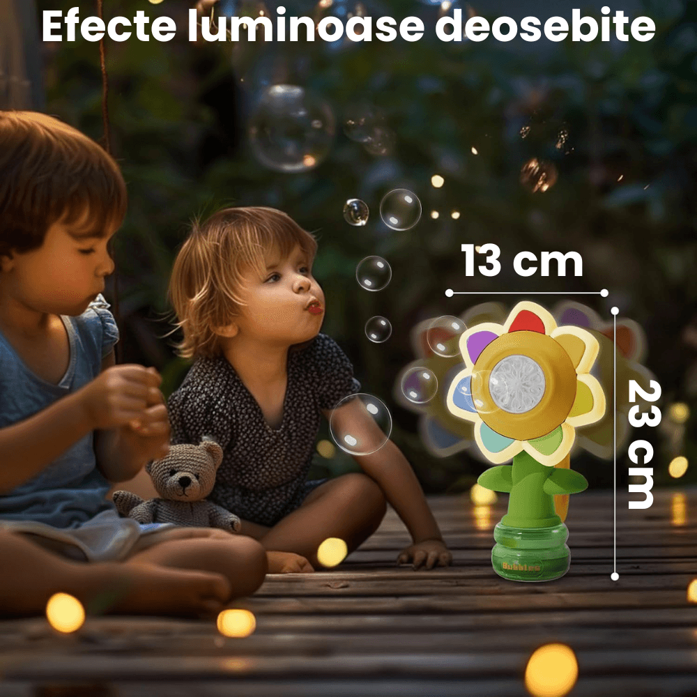 Aparat de Făcut Baloane de Săpun Formă Floare, 3 Moduri, Lumini LED, Anti-Scurgere, Lichid Inclus, +3 Ani - LUDIRO