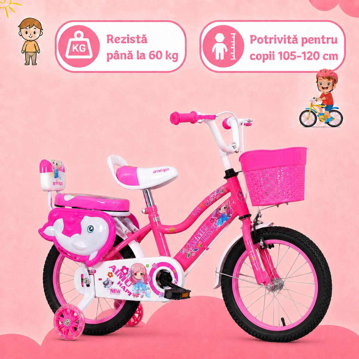 Bicicletă fete 16 inch: rezistă până la 60 kg, potrivită pentru copii de 105–120 cm