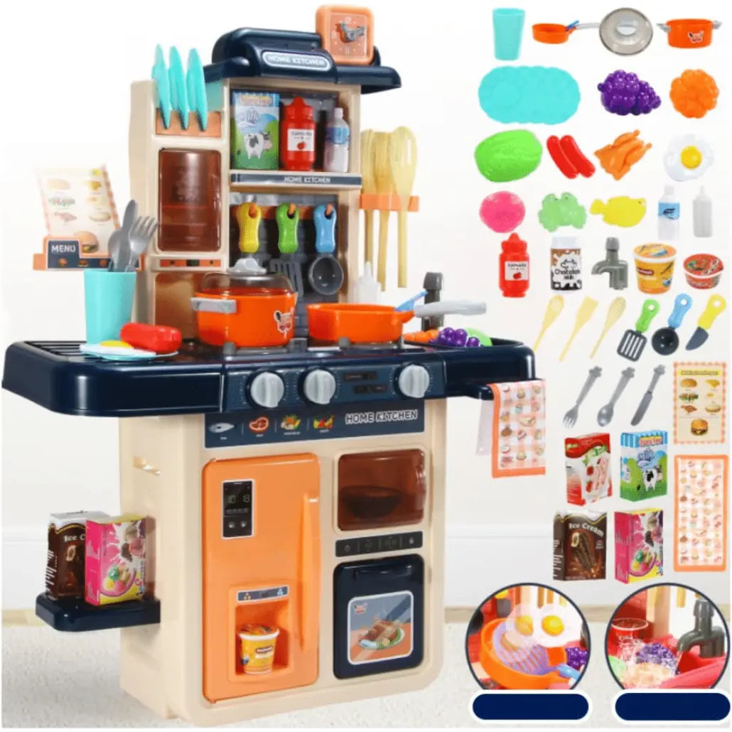 Bucatarie Multifunctionala pentru Copii, 42 Piese, Lumini si Sunete Realiste, Aragaz, Cuptor, Chiuveta Functionala cu Apa, Bej Albastru, 63x47x23 Cm - LUDIRO
